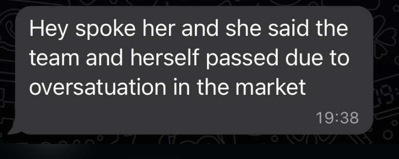 Text message screenshot of a VC rejection explaining a pass